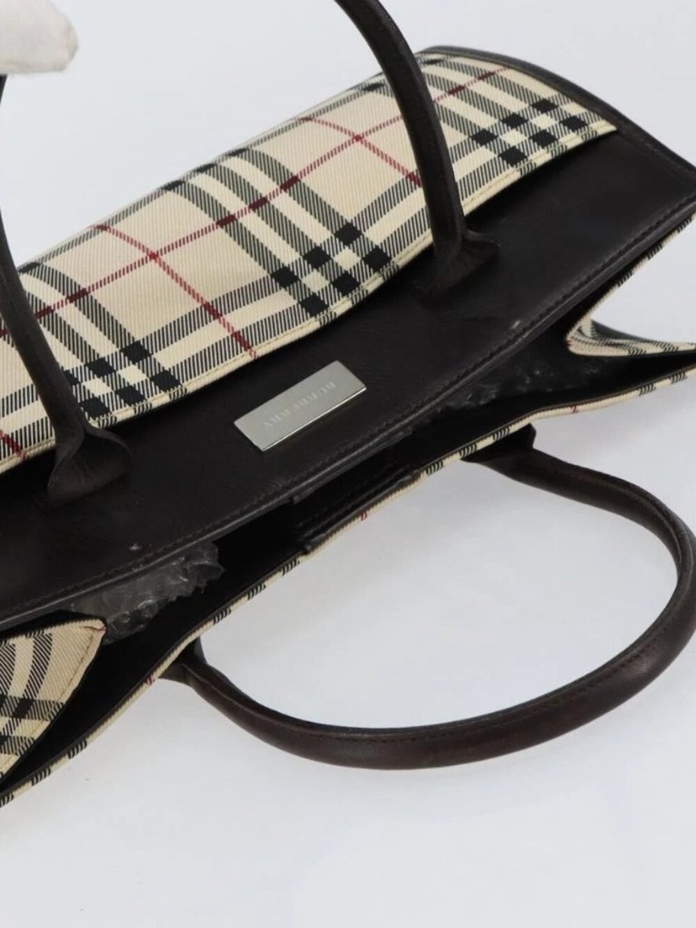 BURBERRY Nova Check Hand Bag Canvas Beige Silver Auth ka313 - Picture 7 of 16